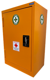 orange locker-style box adorned with stickers picturing a health cross